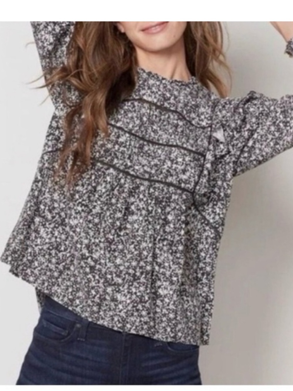 Rails Kadi Black & White Floral Ruffle Yoke Long-Sleeve Top